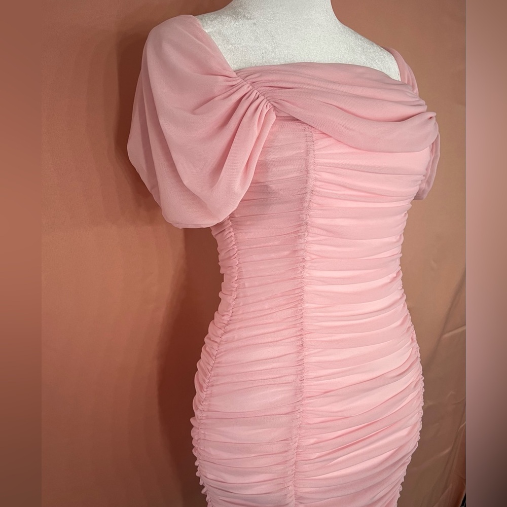 Pink Ruched Elegant Dress - Formal Spring Day Dress for Women - Picture 2 of 11